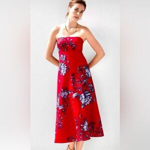 White House black marker linen blend Floral Strapless Red Midi Dress Sz 2 Sz S
